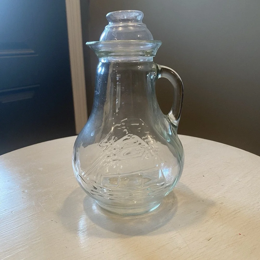 Vintage Clear Glass Pitcher w/ Handle & Lip/Cast Tall Sailing Ship on Sides‎